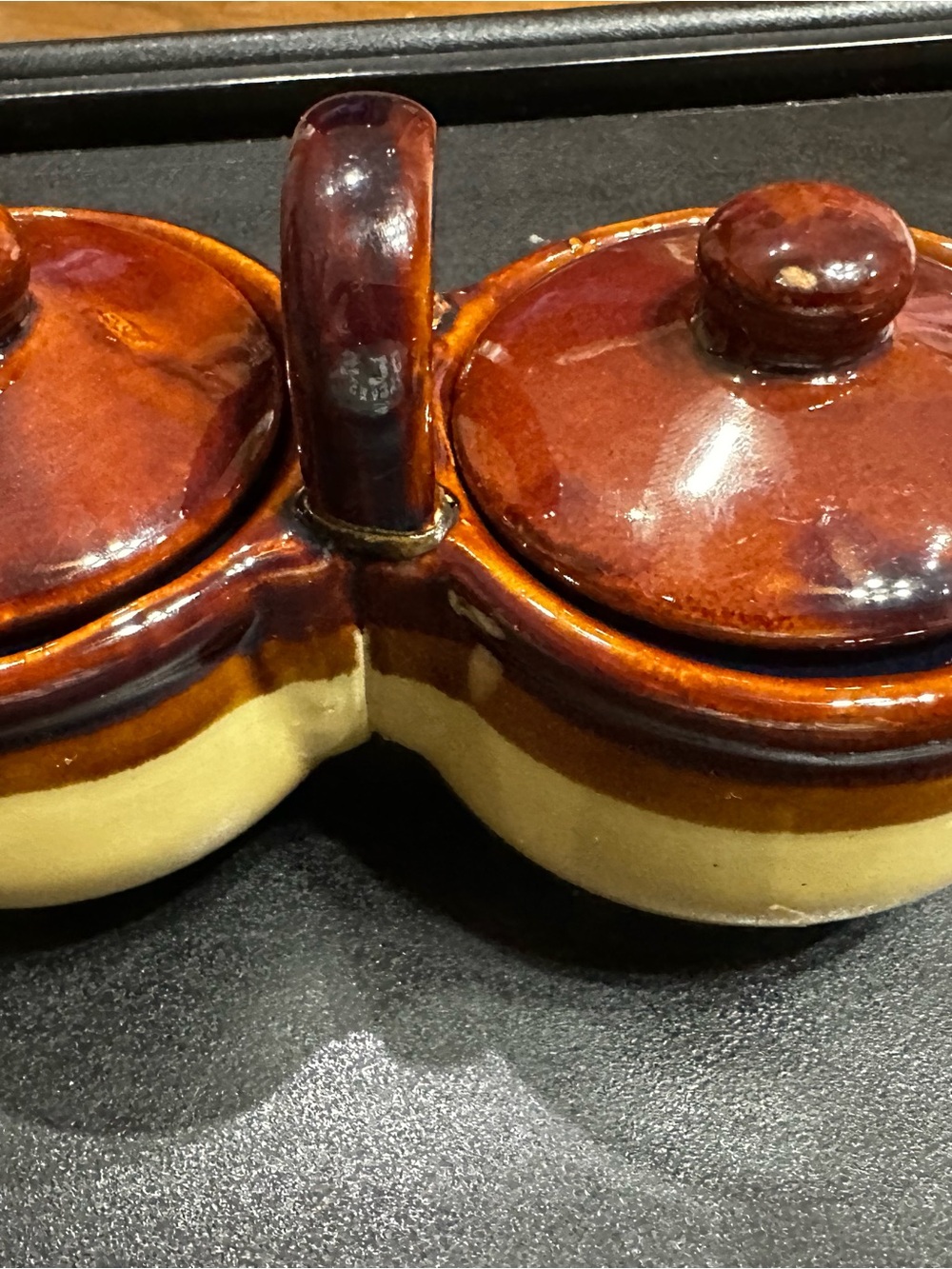 Vintage Brown and Cream Double Lidded Ceramic Condiment Server